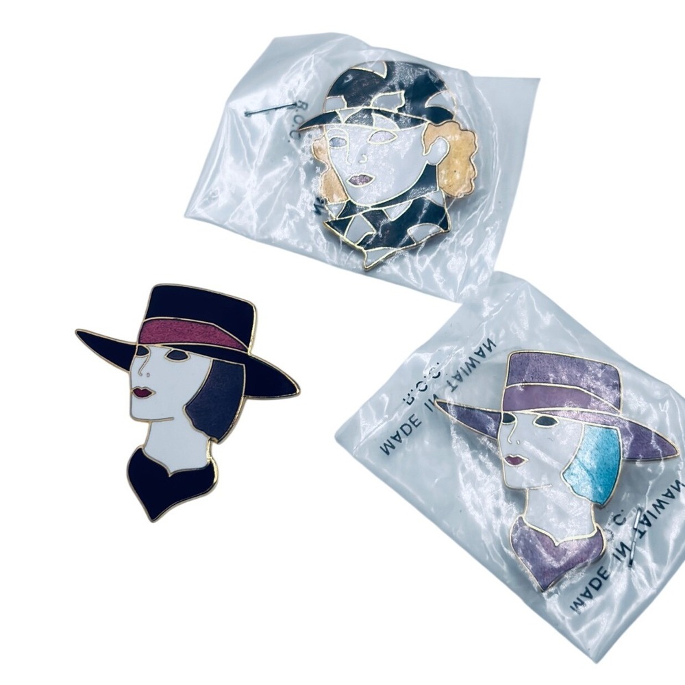 3 Vintage Samuel Huang Enamel Lady Pins Art Deco Style Hat Brooches Set of 3
